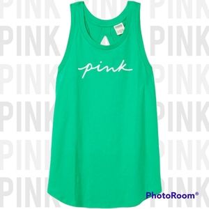 VS Pink•💚•KNIT RACERBACK PERFECT TANK TOP•Electric Green Script Logo•MEDIUM•NWT